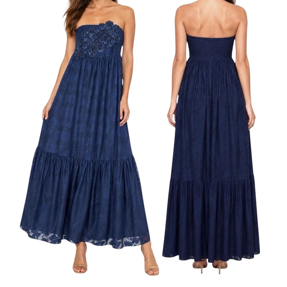 Lilly Pulitzer Mollylynn Clip Maxi Dress Navy Blue Floral Beaded Strapless 0 New